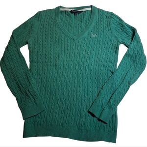 Green Cable Knit V-Neck Sweater Cotton-Cashmere - Crew Clothing Co   Sz 12